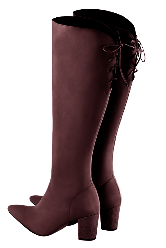Custom-made women's burgundy red elegant knee-high boots, with laces at the back. Tapered toe. Medium block heels - Rear view